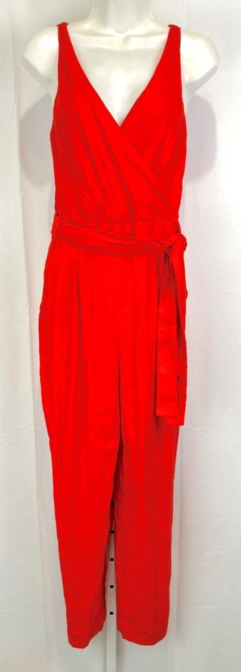KAREN MILLEN Sleeveless Jumpsuit Surplice V Neck Tie Belt Red Orange Size 6